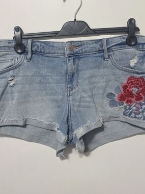 Hollister Light Blue Denim Shorts with Red Floral Embroidery